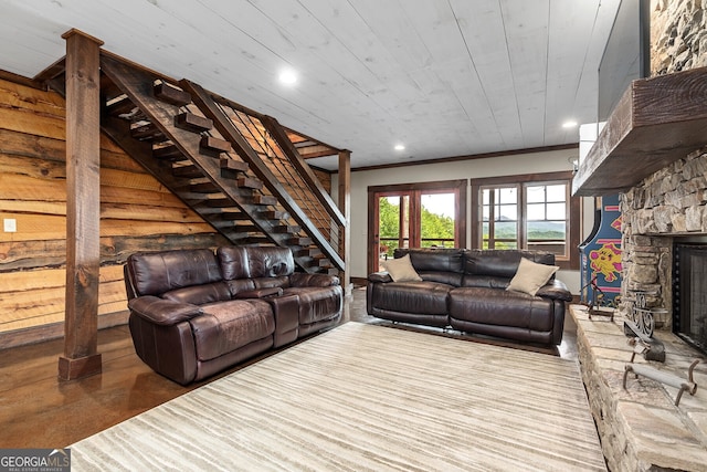 264 Pontoosuc Dr, Mineral Bluff, GA 30559 - living area featuring recessed lighting, a stone fireplace, ornamental molding, finished concrete floors, and stairway