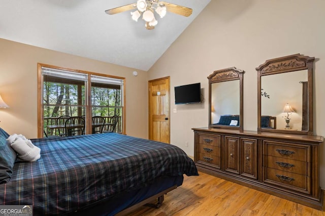 142 Amelia Ln, Blue Ridge, GA 30513 - bedroom featuring a ceiling fan, light wood-style flooring, high vaulted ceiling, and access to exterior