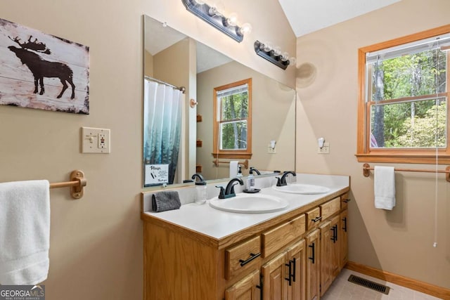 142 Amelia Ln, Blue Ridge, GA 30513 - bathroom featuring double vanity, visible vents, baseboards, and a sink