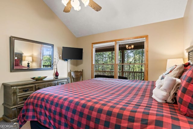 142 Amelia Ln, Blue Ridge, GA 30513 - bedroom featuring ceiling fan and high vaulted ceiling