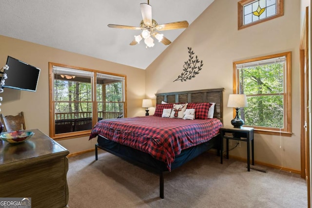 142 Amelia Ln, Blue Ridge, GA 30513 - bedroom featuring carpet, baseboards, ceiling fan, and high vaulted ceiling