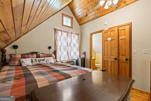 142 Amelia Ln, Blue Ridge, GA 30513 - bedroom featuring lofted ceiling, ensuite bath, wooden ceiling, and wood finished floors