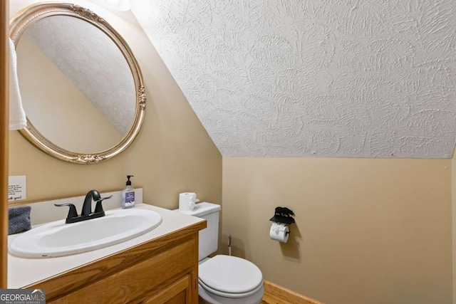 142 Amelia Ln, Blue Ridge, GA 30513 - bathroom with lofted ceiling, vanity, toilet, and a textured ceiling