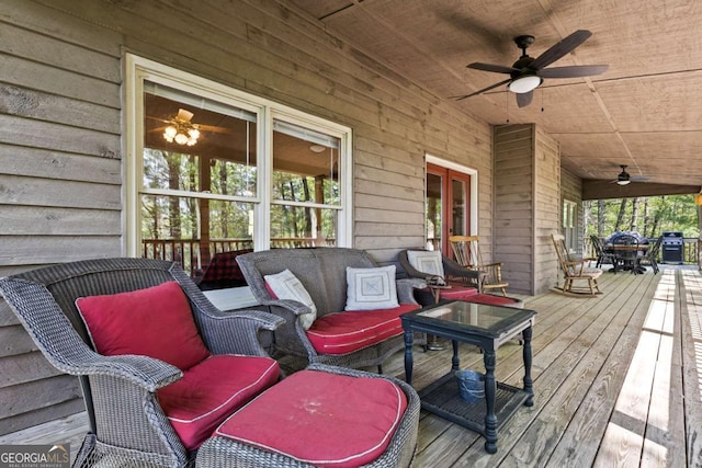 142 Amelia Ln, Blue Ridge, GA 30513 - deck featuring ceiling fan, outdoor lounge area, and outdoor dining space