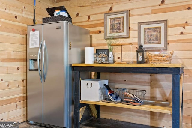 142 Amelia Ln, Blue Ridge, GA 30513 - kitchen featuring wooden walls and stainless steel fridge with ice dispenser