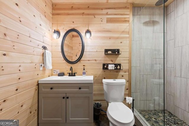 142 Amelia Ln, Blue Ridge, GA 30513 - bathroom with vanity, wood walls, toilet, and a shower stall