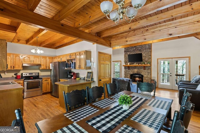 142 Amelia Ln, Blue Ridge, GA 30513 - dining room featuring beam ceiling, wooden ceiling, a chandelier, a stone fireplace, and light wood-style floors