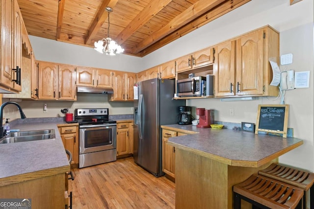 142 Amelia Ln, Blue Ridge, GA 30513 - kitchen with under cabinet range hood, wooden ceiling, a sink, a peninsula, and stainless steel appliances
