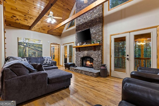 142 Amelia Ln, Blue Ridge, GA 30513 - living area featuring high vaulted ceiling, french doors, a ceiling fan, and wood finished floors