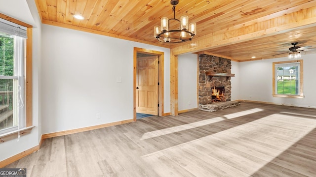 1297 Old Summerville Rd NW, Rome, GA 30165 - unfurnished living room featuring wooden ceiling, a chandelier, a stone fireplace, baseboards, and wood finished floors