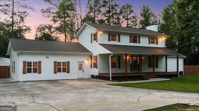 1297 Old Summerville Rd NW, Rome, GA 30165 - view of front facade with a porch, a chimney, concrete driveway, and roof with shingles