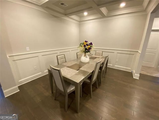 100 Ruby Ln, Mcdonough, GA 30252 - dining area featuring dark wood-style floors, beamed ceiling, a decorative wall, and a wainscoted wall