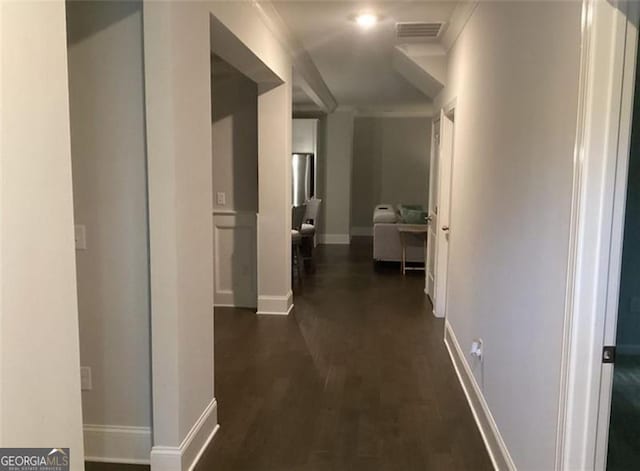 100 Ruby Ln, Mcdonough, GA 30252 - hallway with baseboards, crown molding, and dark wood-style flooring