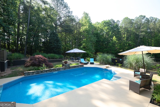 outdoor pool featuring a patio area and a diving board
