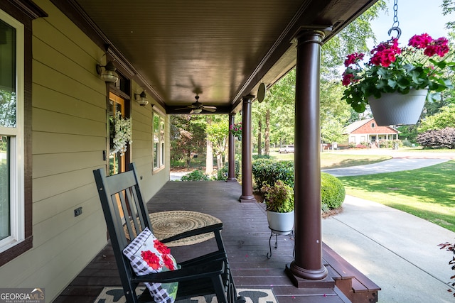 view of patio featuring a porch and ceiling fan