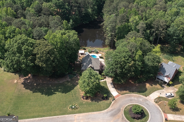 bird's eye view with a water view and a view of trees