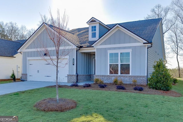 view of front facade with board and batten siding, an attached garage, a shingled roof, concrete driveway, and a front lawn
