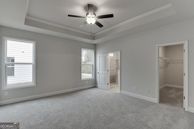 unfurnished bedroom featuring ornamental molding, a raised ceiling, carpet flooring, and a spacious closet