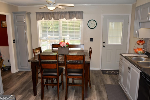 dining area featuring crown molding, dark wood-style flooring, and ceiling fan