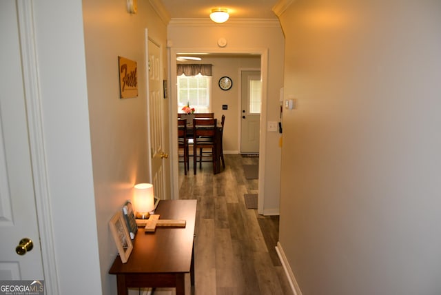 corridor with baseboards, ornamental molding, and dark wood-type flooring