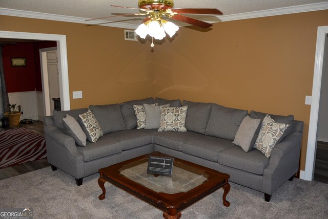 202 Willow Oak Way, Lizella, GA 31052 - living area featuring ceiling fan, crown molding, carpet floors, and visible vents