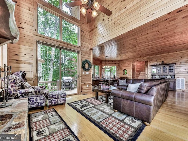 550 My Mountain Rd, Morganton, GA 30560 - living room with a towering ceiling, ceiling fan, wooden walls, and wood finished floors