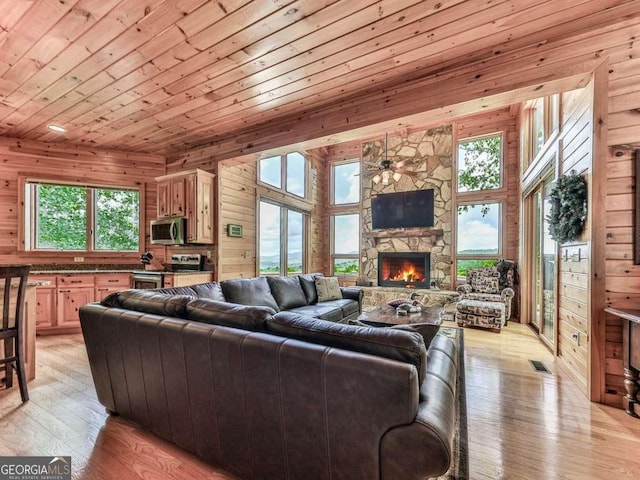 550 My Mountain Rd, Morganton, GA 30560 - living area featuring a ceiling fan, a fireplace, light wood-style flooring, wood walls, and wood ceiling