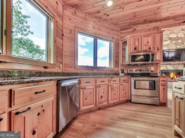 550 My Mountain Rd, Morganton, GA 30560 - kitchen featuring stainless steel appliances, wooden ceiling, light wood-style flooring, light brown cabinets, and glass insert cabinets