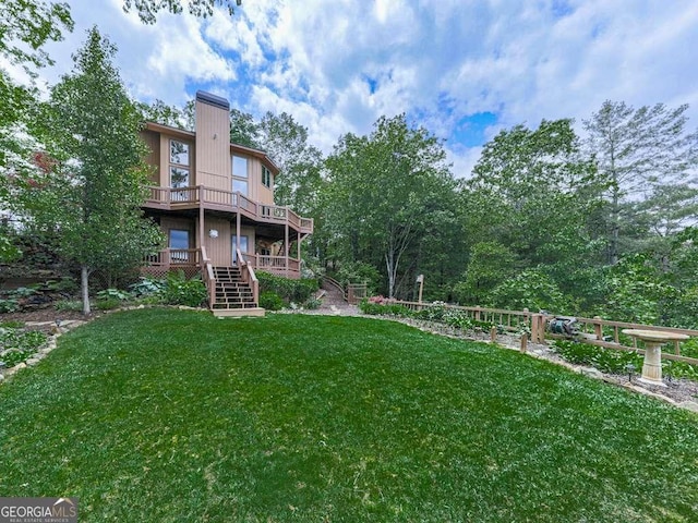 550 My Mountain Rd, Morganton, GA 30560 - rear view of property with stairs, a lawn, and a wooden deck