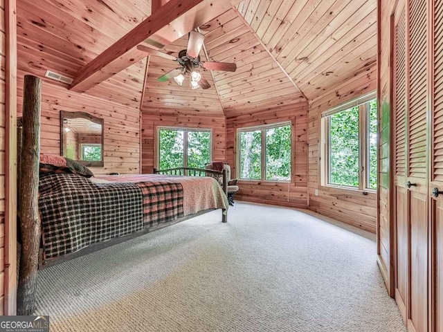 550 My Mountain Rd, Morganton, GA 30560 - unfurnished bedroom with lofted ceiling, wood walls, wooden ceiling, carpet, and a ceiling fan