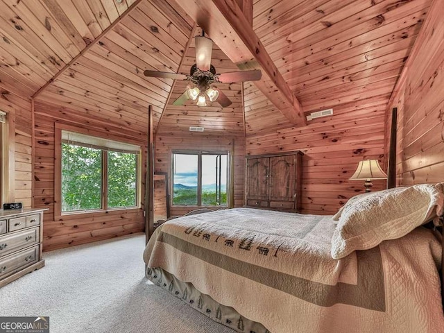 550 My Mountain Rd, Morganton, GA 30560 - bedroom featuring wood walls, light carpet, wooden ceiling, and ceiling fan