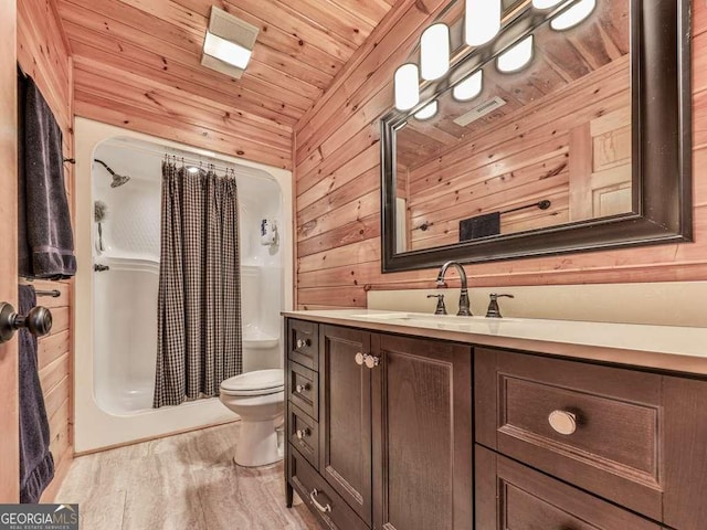 550 My Mountain Rd, Morganton, GA 30560 - bathroom featuring wood walls, wood finished floors, vanity, a shower with shower curtain, and wood ceiling
