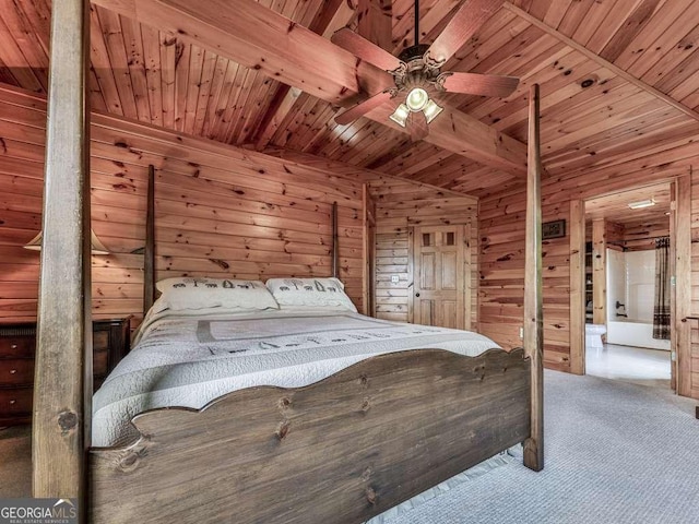 550 My Mountain Rd, Morganton, GA 30560 - bedroom with wooden walls, wood ceiling, carpet, and ceiling fan