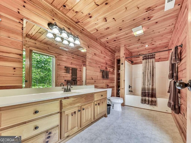 550 My Mountain Rd, Morganton, GA 30560 - full bathroom featuring tile patterned floors, vanity, wood walls, wooden ceiling, and shower / tub combo