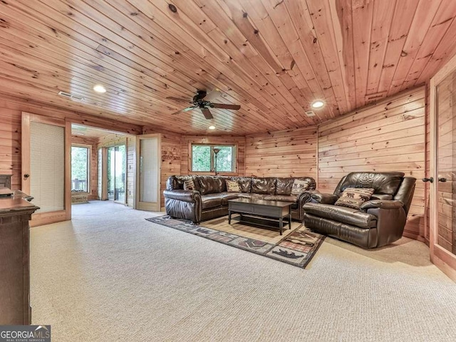 550 My Mountain Rd, Morganton, GA 30560 - living room featuring wood ceiling, wood walls, recessed lighting, ceiling fan, and carpet floors