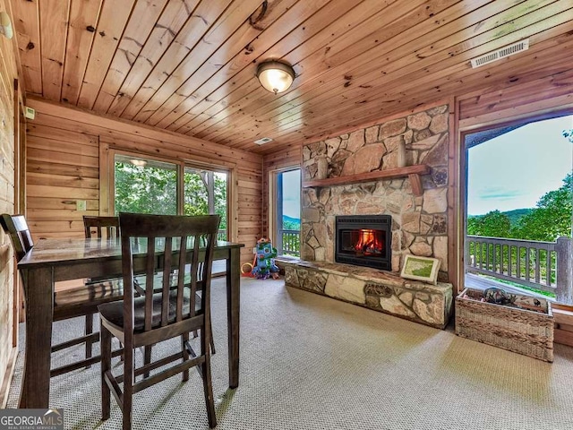 550 My Mountain Rd, Morganton, GA 30560 - carpeted dining space with wooden ceiling, a fireplace, and wooden walls