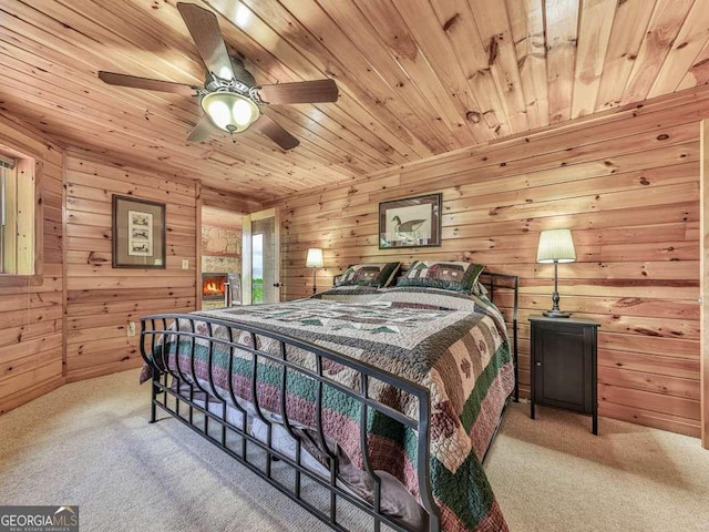 550 My Mountain Rd, Morganton, GA 30560 - bedroom with carpet floors, wood ceiling, wooden walls, and a ceiling fan
