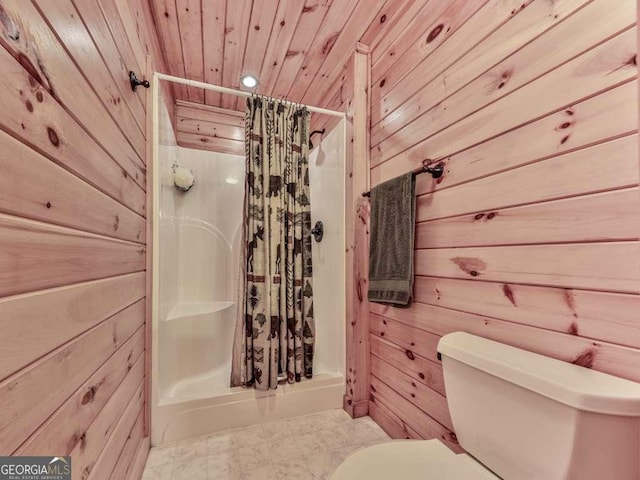 550 My Mountain Rd, Morganton, GA 30560 - full bathroom featuring wood walls, curtained shower, and wooden ceiling