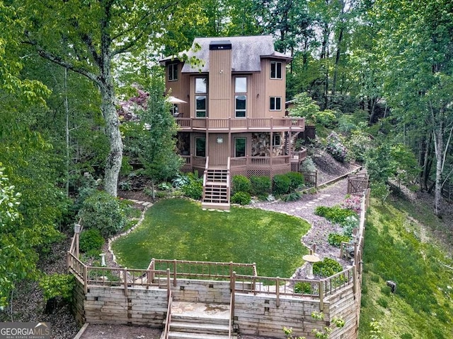 550 My Mountain Rd, Morganton, GA 30560 - back of property with stairway and a wooden deck