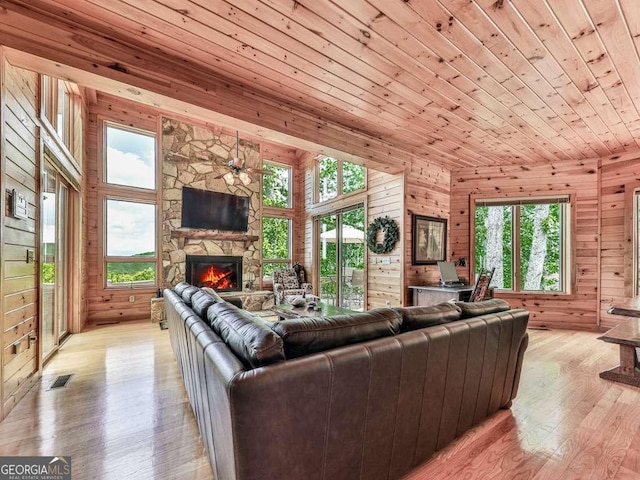 550 My Mountain Rd, Morganton, GA 30560 - living area featuring wood ceiling, a fireplace, wooden walls, and light wood finished floors