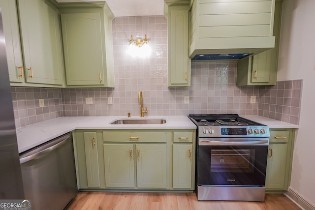 kitchen with green cabinetry and stainless steel appliances