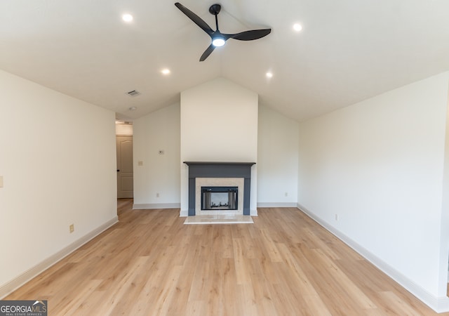 unfurnished living room featuring a ceiling fan, recessed lighting, baseboards, visible vents, and light wood-type flooring