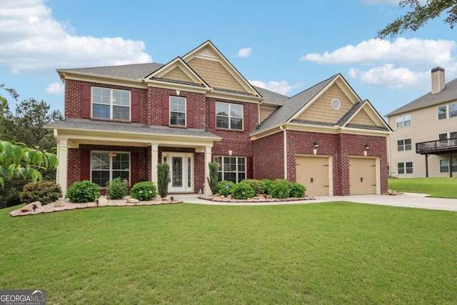 view of front of house with concrete driveway, brick siding, an attached garage, and a front yard