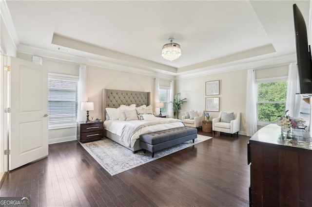 bedroom with a tray ceiling, baseboards, and dark wood-style floors