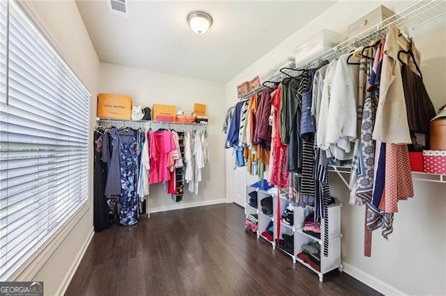 walk in closet featuring visible vents and wood finished floors