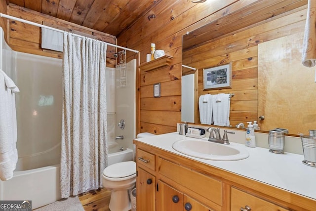 full bathroom featuring toilet, wood ceiling, wood walls, vanity, and shower / bathtub combination with curtain