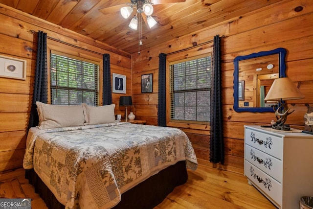 bedroom featuring wood walls, wood-type flooring, and wood ceiling