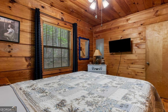 bedroom featuring wooden ceiling and wood walls