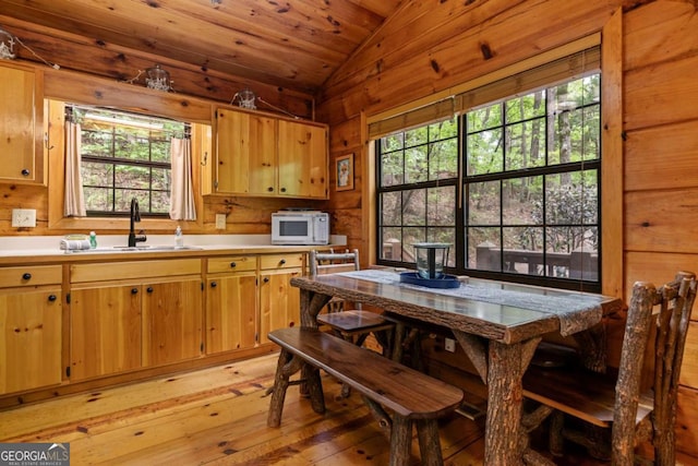 kitchen featuring white microwave, lofted ceiling, a sink, and plenty of natural light
