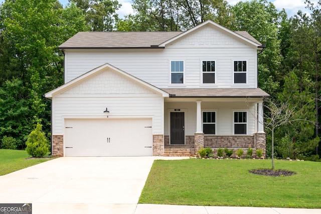 63 Brookstone Park E, Acworth, GA 30101 - view of front facade with a front lawn, concrete driveway, covered porch, and a shingled roof